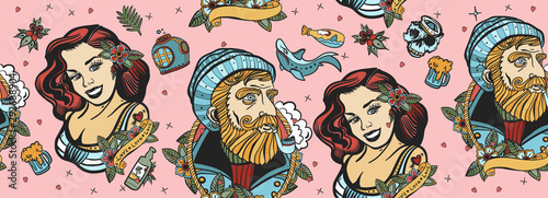 Sea adventure seamless pattern. Old captain and sailor girl. Traditional tattooing art, old school style. Nautical background