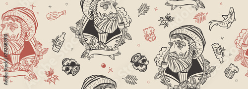 Travel seamless pattern. Old school tattoo style. Old captain, retro style Traditional tattooing vintage background