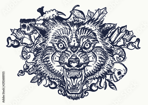 Wolf head. Tattoo and t-shirt design. Halloween elements. Dark fairy tale art. Gothic animals