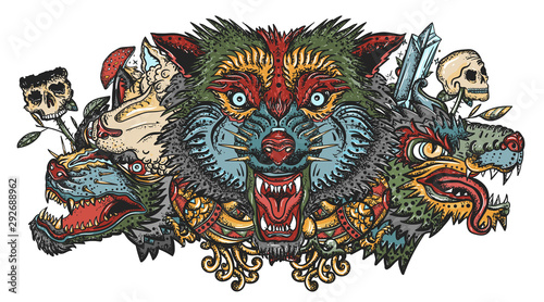 Wolf heads. Old school tattoo. Halloween elements. Dark fairy tale art. Werewolf in sheep clothing. Aggressive wolves, gothic tattooing style