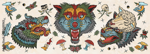Wolf head. Old school tattoo collection. Werewolf in sheep clothing. Aggressive wolves traditional tattooing style