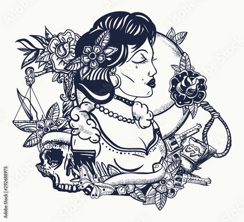 Retro woman portrait. Noir film lady. Old school tattoo and t-shirt design. Criminal girl with guns. Mafia concept. Traditional tattooing style