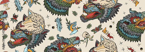 Wolf head seamless pattern. Old school tattoo art. Magic fairy tale style. Werewolf in sheep clothing. Aggressive wolves traditional tattooing background