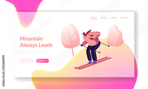 Winter Sports Outdoors Leisure Spare Time Website Landing Page. Young Man Going Downhill by Skis on Nature Background with Falling Snow and Trees Web Page Banner. Cartoon Flat Vector Illustration