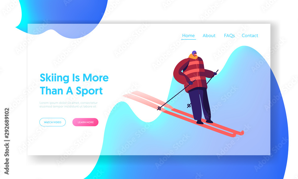 Skier Riding Downhills at Winter Season Website Landing Page. Athlete Man Skiing. Sport Activity, Mountain Resort with Snow, Recreation Lifestyle Web Page Banner. Cartoon Flat Vector Illustration