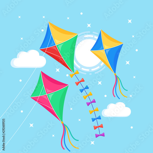 Colorful kite flying in blue sky, sun isolated on background. Summer, spring holiday, toy for child. Vector flat design.