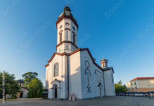 Loznica, Serbia - July 11, 2019: Church of Shroud of Holy Mother (Serbian: Crkva Pokrova Presvete Bogorodice) in Loznica.