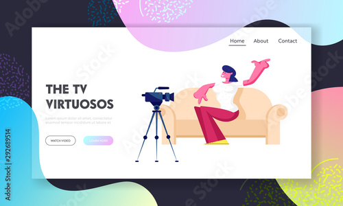 Tv Night Show with Guest Website Landing Page. Woman Celebrity Sitting on Couch in Broadcasting Studio with Camera Giving Interview on Television Web Page Banner. Cartoon Flat Vector Illustration