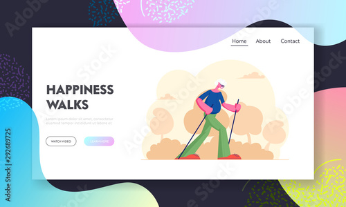 Old Man Morning Sports Exercise Website Landing Page. Senior Gentleman Engaged Outdoors Fitness Class in City Park Walking with Scandinavian Sticks Web Page Banner. Cartoon Flat Vector Illustration