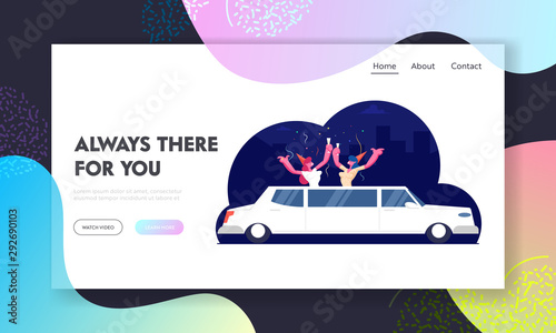 Birthday Party Website Landing Page. Happy Girls Friends Wearing Funny Hats with Champagne Glasses Riding White Limousine with Confetti Flying around Web Page Banner. Cartoon Flat Vector Illustration