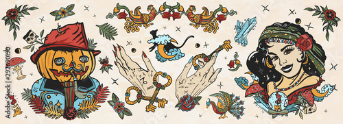 Halloween collection. Old school tattoo.  Witch woman, gypsy, crystal ball, Jack O' Lantern, occult hands and black cats. Dark gothic fairy tale. Traditional tattooing style