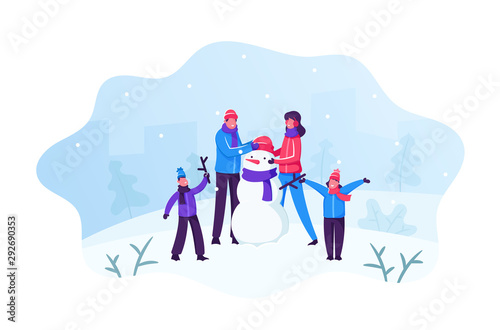 Happy Family of Parents with Kids Making Funny Snowman on Snowy Landscape Background. Winter Time Outdoor Activity. People Playing on Christmas Holidays Vacation. Cartoon Flat Vector Illustration