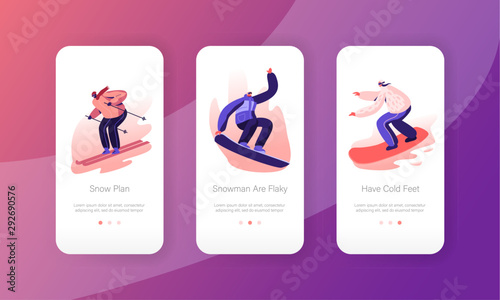 Extreme Snowboard and Skis Riding and Stunts Mobile App Page Onboard Screen Set. Young Sportsmen Snowboarding and Skiing Winter Sport Concept for Website or Web Page, Cartoon Flat Vector Illustration