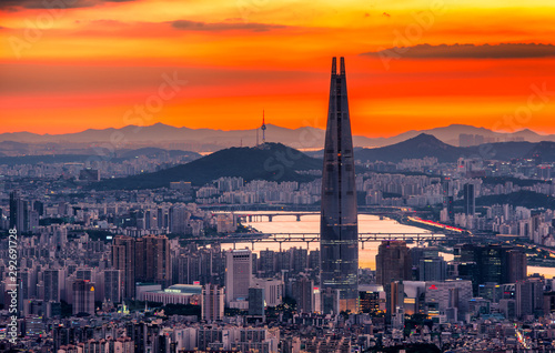 skyline at sunset in seoul city south Korea 