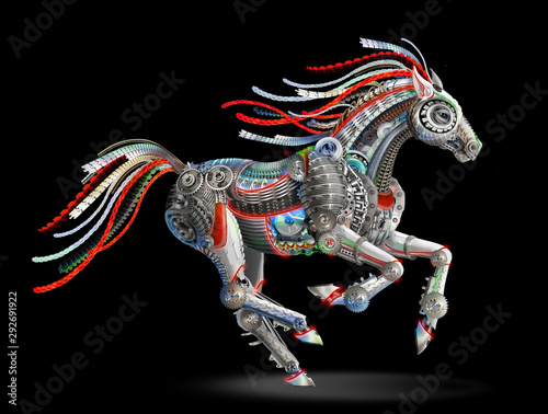 bright horse robot from mechanical parts. cyberpunk