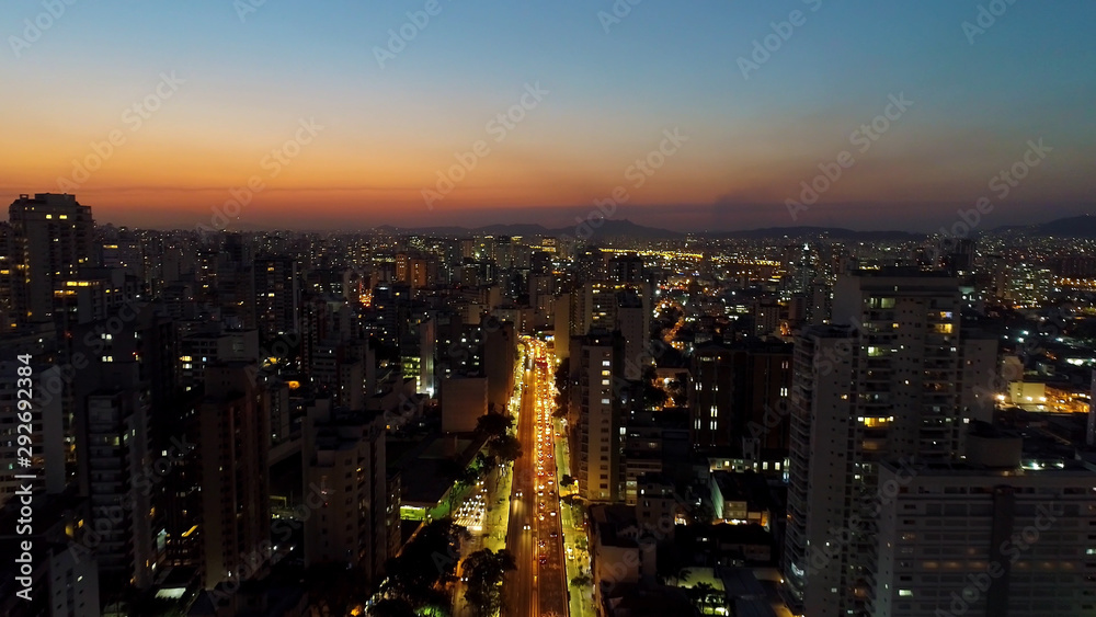 Sunset view of famous places of São Paulo, Brazil. Fantastic landscape. Costa & Silva Bridge. Sunset scenery. Dusk view. Cityscape scene.