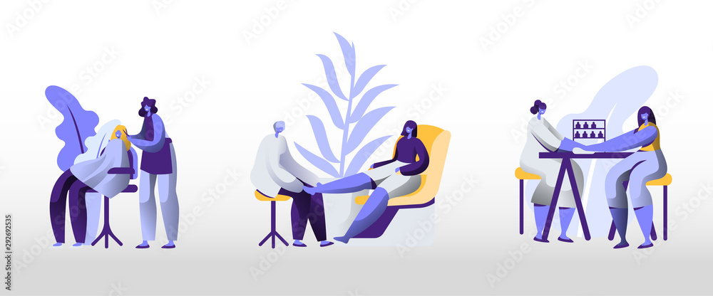 Obraz Young Woman Visiting Beauty Salon Set. Masters Doing Manicure Pedicure and Hair Cutting. Barbershop for Girls, Grooming Place, Fashion Club for Spa and Body Care Cartoon Flat Vector Illustration