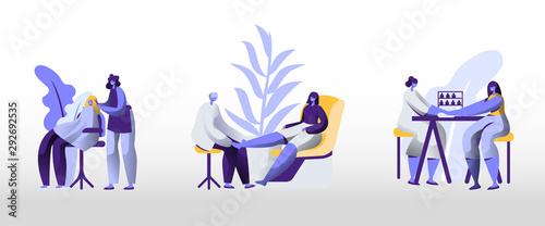 Young Woman Visiting Beauty Salon Set. Masters Doing Manicure Pedicure and Hair Cutting. Barbershop for Girls, Grooming Place, Fashion Club for Spa and Body Care Cartoon Flat Vector Illustration