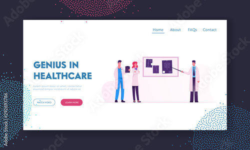 Mri Scanning Website Landing Page. Doctors Looking at Results of Patient Body Scan on Monitor Screen after Magnetic Resonance Imaging in Hospital Web Page Banner. Cartoon Flat Vector Illustration