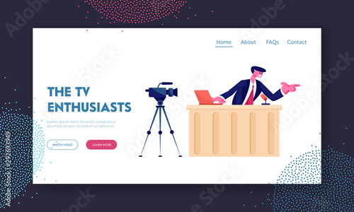 Night Entertainment Show or News Broadcasting Website Landing Page. Anchorman Sitting in Studio in front of Video Camera Conducting Television Program Web Page Banner. Cartoon Flat Vector Illustration