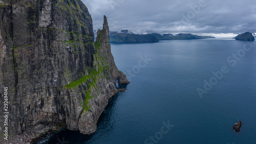 Aerial view of Trollkonufingur -Witch Finger- Fjord on Vagar island, Faroe Islands