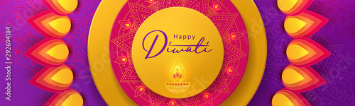 Diwali festival greeting design in paper cut style with beautiful bright lights, oil lamp (Diya) and flowers of lights. Holiday background for branding, greeting card, banner, cover, flyer or poster