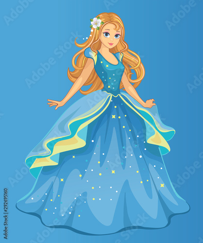 Beautiful fairytale Elf princess. Cartoon illustration for children's print or sticker. Fabulous or romantic story. Wonderland. Toy or pretty doll for girl. Vector.