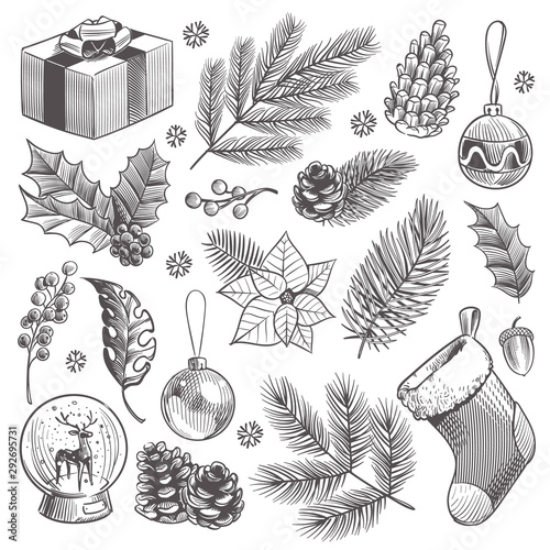 Sketch decoration xmas set. Christmas hand drawn vintage present and holly, toys and holiday stocking isolated vector doodle set