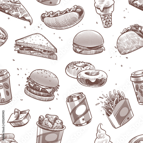 Fast food seamless pattern. Hot dog, hamburger and cola, coffee and ice cream, cheeseburger fast food restaurants vector texture