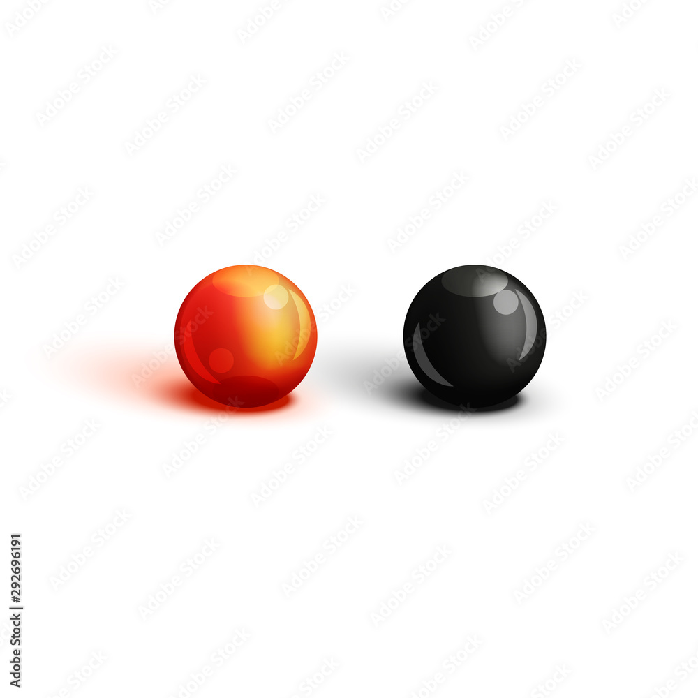Realistic two eggs of red and black caviar close up view isolated on a white background for advertising fish products, gastronomic vector illustration Realistic two eggs of red and black caviar close up view isolated on a white background for advertising fish products, gastronomic vector illustration