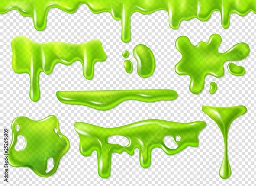 Green slime. Slimy purulent blots, goo splashes and mucus smudges. Realistic halloween elements isolated vector set photo