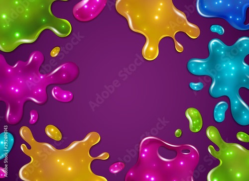 Color slime background. Glossy sticky yellow, purple, green and blue slime blots splashes with glitter. Girly dripping toys vector border