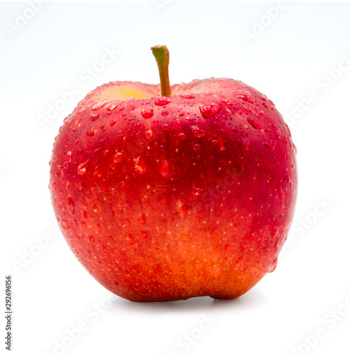 Fresh red apple with green leaf and droplet on white background. Isolated concept.