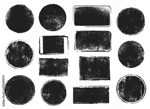 Grunge post stamps. Round and rectangular badges with distressed texture. Scratched blank rubber seal stamp vector isolated set