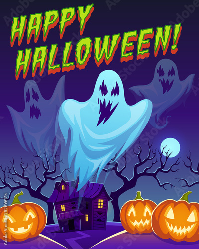 Ghosts poster. Happy halloween funny cute spirit characters, flying ghost monsters and pumpkins. Cartoon holiday card vector design
