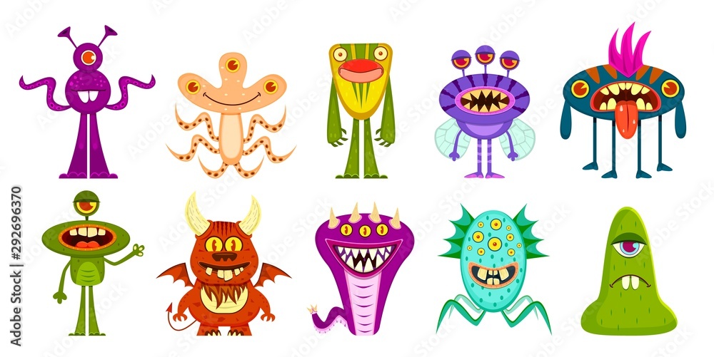 Monsters. Cute goblins and gremlins, scary aliens. Halloween funny trolls cartoon characters vector set Monsters. Cute goblins and gremlins, scary aliens. Halloween funny trolls cartoon characters vector set
