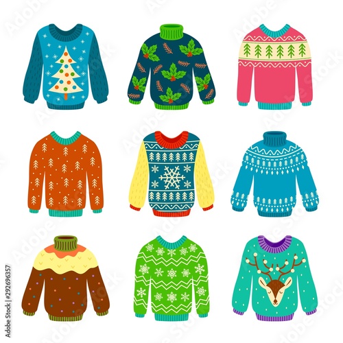 Ugly christmas sweater. Knitted jumpers with winter patterns, snowflakes and deer. Xmas funny cozy clothes. Isolated vector set