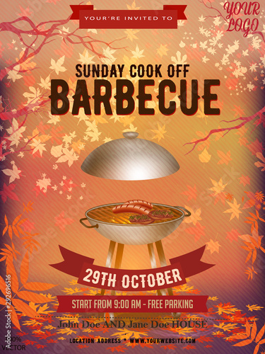 BBQ party invitation template on autumn yellow. Summer or fall Barbecue weekend flyer. Grill illustration with food sketches elements. Vector design for celebration, invitation, greeting card.