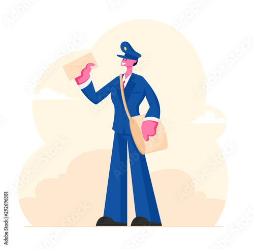 Cheerful Postman Character Wearing Uniform and Cap with Bag on Shoulder Holding Letter in Hand. Post Man or Mailman Delivering Mail to People. Profession Occupation Cartoon Flat Vector Illustration