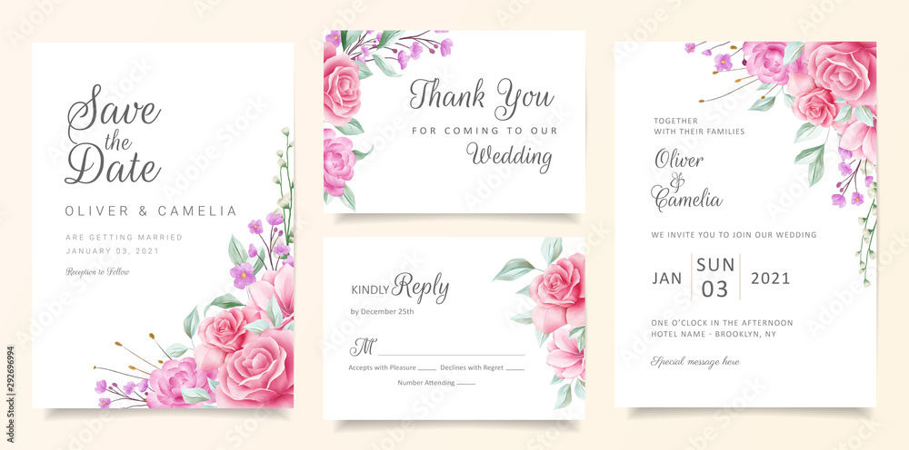 Elegant wedding invitation card template set with floral border arrangements. Watercolor flowers save the date, invitation, greeting, respond , thank you cards vector