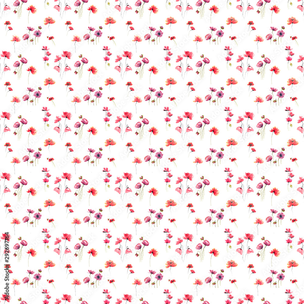Seamless pattern watercolor of poppy flowers on white