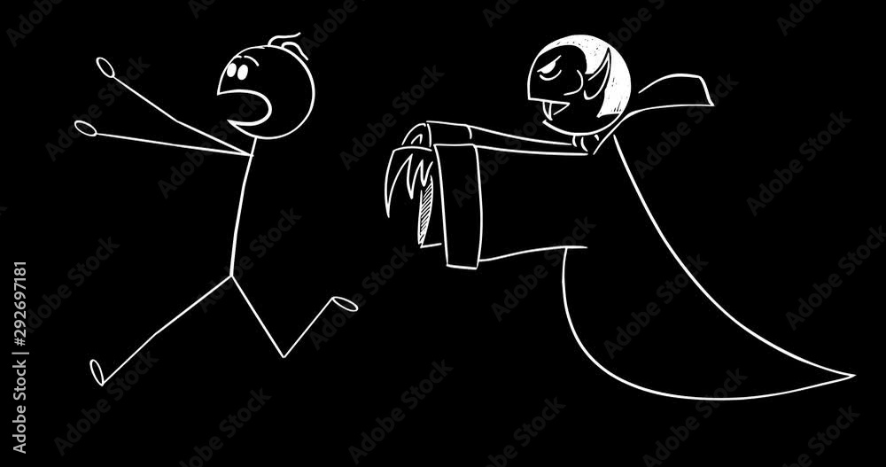 Cartoon 2D stick character animation of man running away in fear or panic chased by vampire the Halloween monster. Alpha mask included.