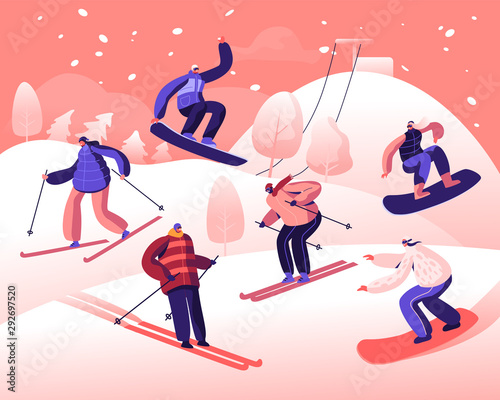 Happy People Riding Snowboard and Skis by Snow Slopes. Winter Time Season Holidays. Sportswomen Having Fun on Ski Resort Going Downhill. Travel Activity Entertainment. Cartoon Flat Vector Illustration