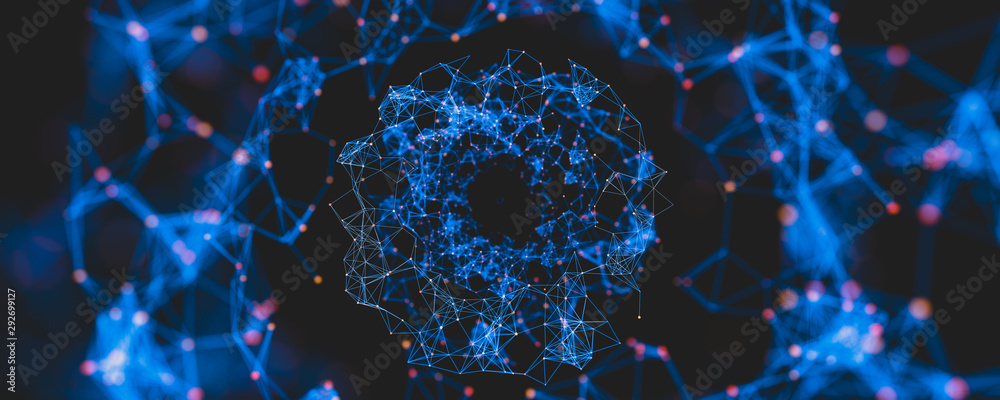 Digital Nodes and Connection Paths. Flying Through Digital Data Web Spy Tunnel, Abstract 3d Render. - obrazy, fototapety, plakaty 