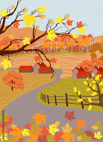 Countryside village in autumn season. Asphalted road. Flat cartoon vector