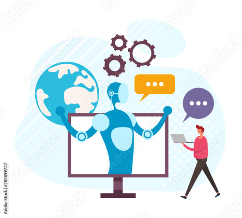 Robot online internet chatting assistance concept. Vector flat cartoon graphic design illustration