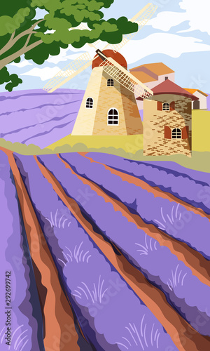 Lavender field with old mill and green tree on background. Cartoon flat style...
