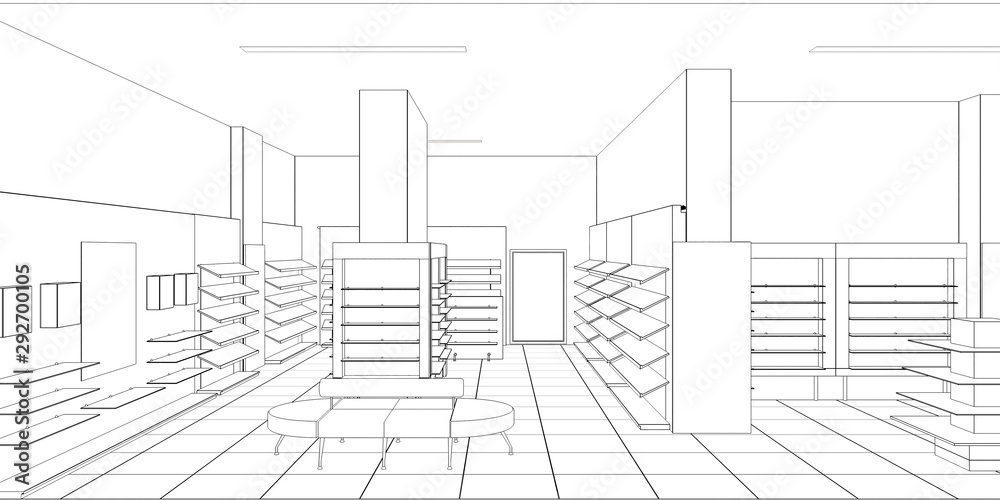 shopping mall, contour visualization, 3D illustration, sketch, outline