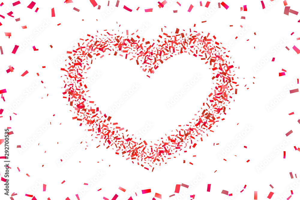 Heart confetti isolated white background. Fall red confetti, heart-shape. Valentine day holiday, romantic wedding border card. Valentines decoration frame. Greeting love design. Vector illustration
