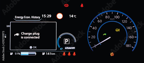 Illustration of electric car dashboard panel during charging battery. Modern digital car display showing warning text about connecting charge plug and the battery range.